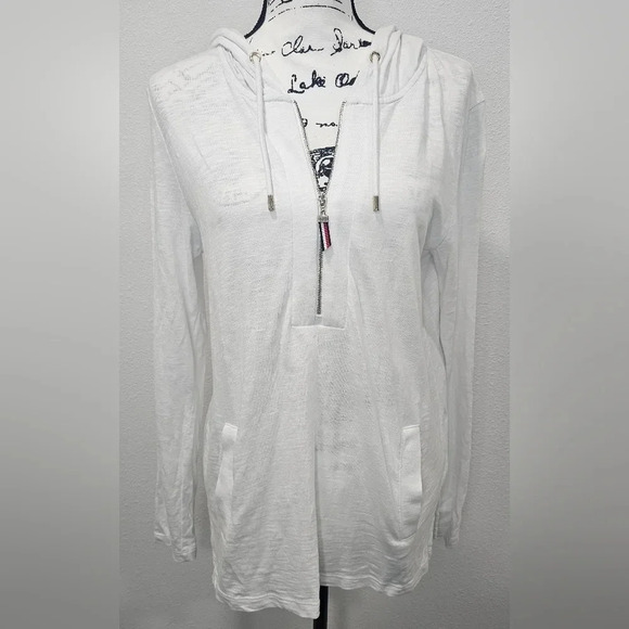 Tommy Hilfiger Womens 1/2 Zip Drawstring Hoodie Top Size M Long Sleeve White - Picture 1 of 10